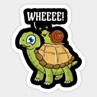 Cute & Funny Snail Riding on Turtle Yelling Wheee! Sticker